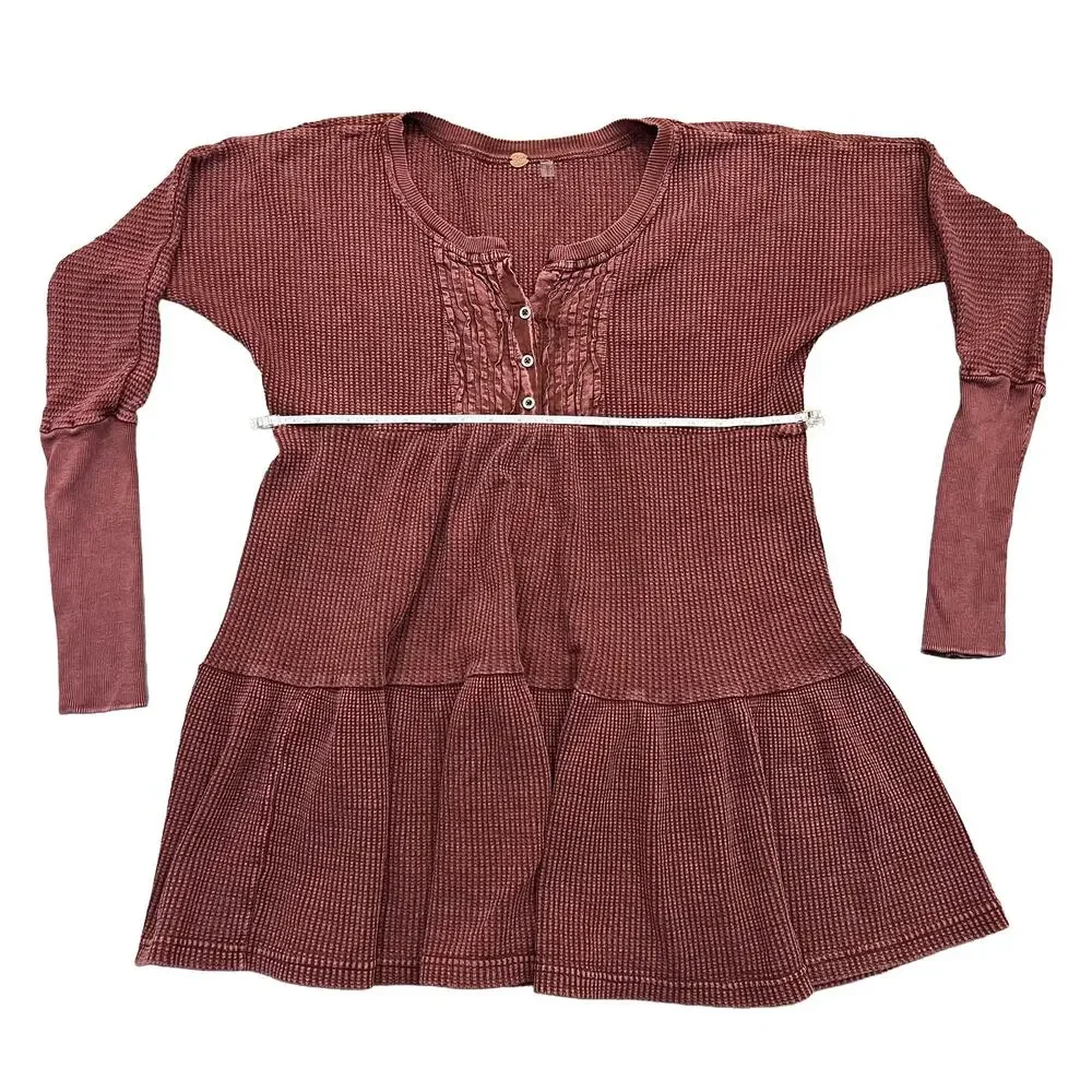 Free People FP ONE Jolene Waffle Knit Thermal Henley Tiered Mini Dress Wine S
